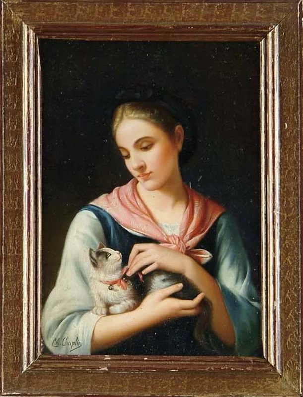 Charles Joshua Chaplin - Ritratto di giovane donna con gatto bianco